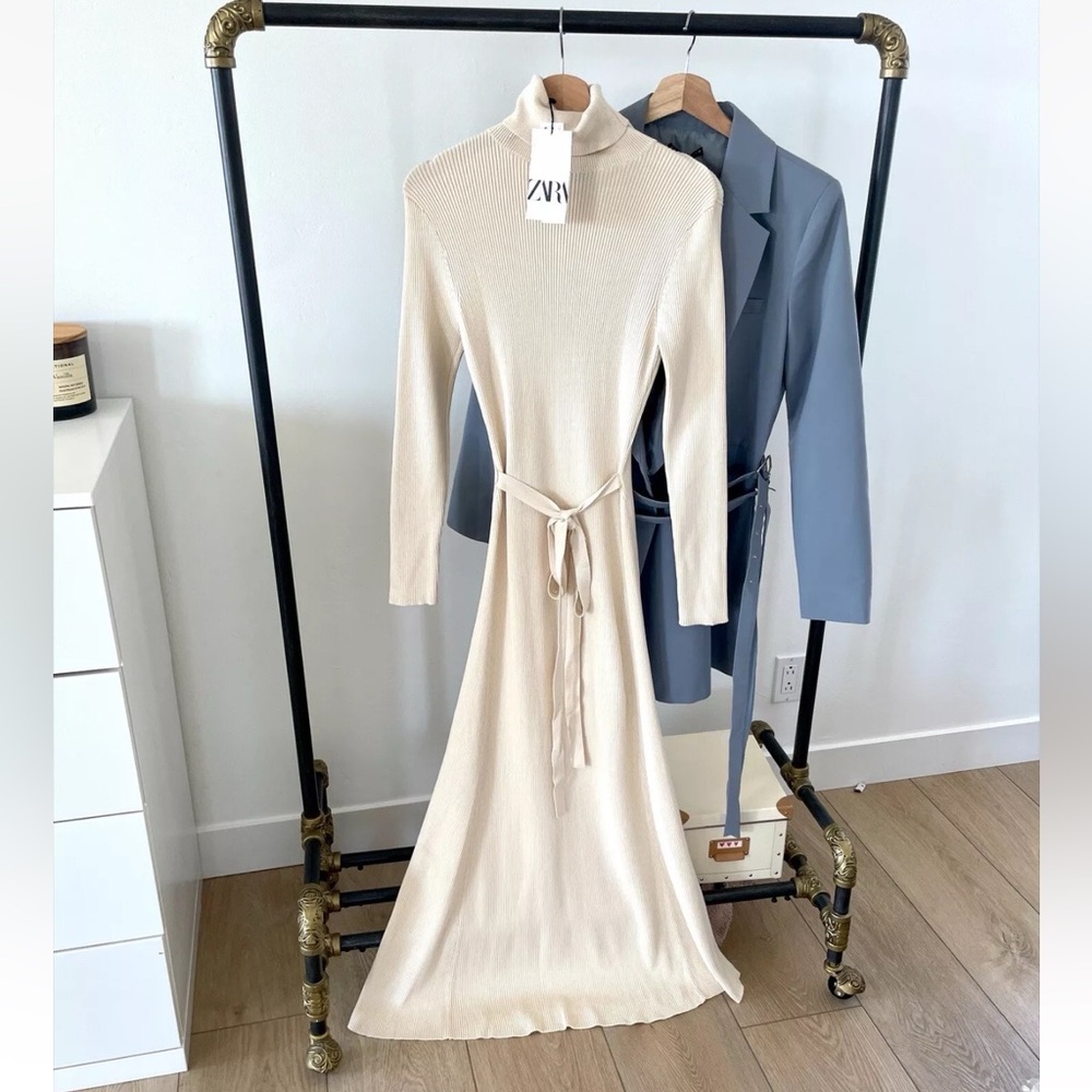 ZARA RIBBED KNIT BELTED LONG DRESS TURTLENECK CREAM Size S